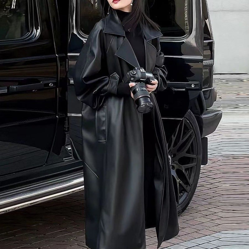 Women's Fashion Temperament Long Below The Knee PU Leather Coat