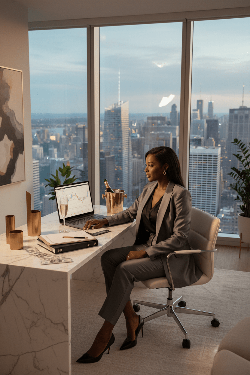 Woman sitting at a desk in an office with a cityscape view