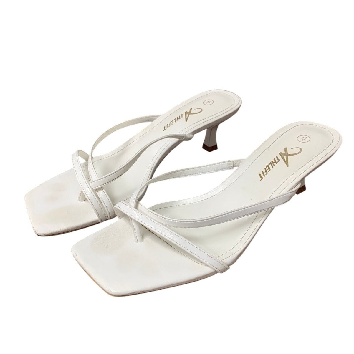 Athlefit Women Size 6 White Faux Leather Strappy 2.25" Kitten Heels Sandal Shoes