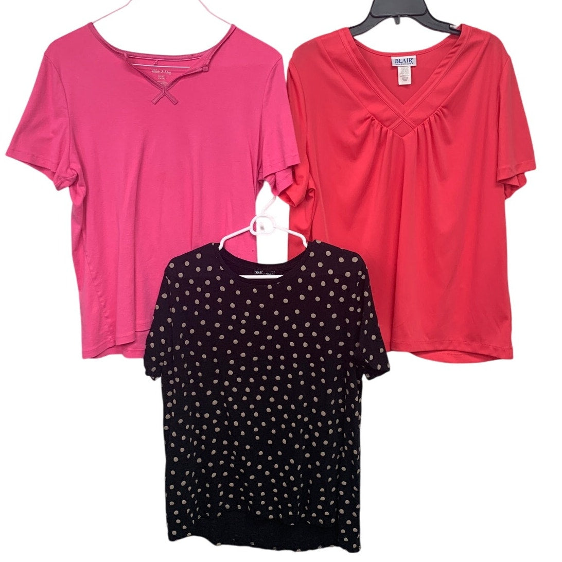 Lot of 3 Womens XL Black Polka Dot Solid Pink Short Sleeve Summer Tops Shirts