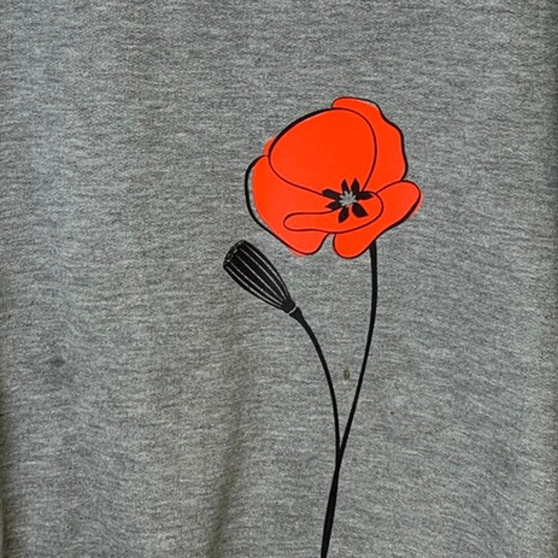 Upcycled Hand Printed Womens Small Gray Red Poppy Flower Front Back Sweatshirt