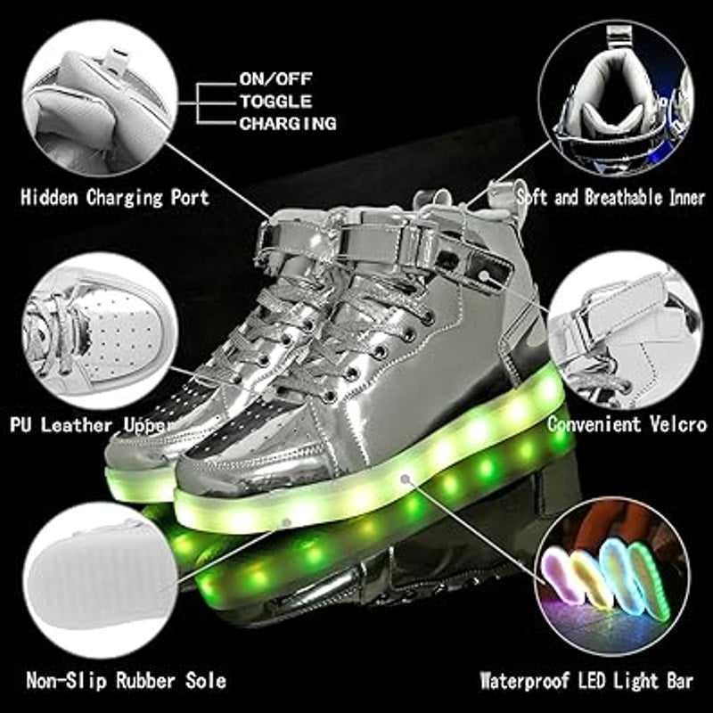 New Hot Dingding Women 11.5 Silver Rechargeable Light Up High Top Sneaker Shoes