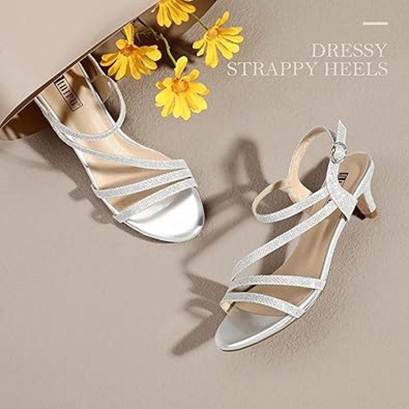 Idifu Womens Size 9 Silver Glitter Open Toe Buckle Strap 2.5" Heel Sandal Shoes