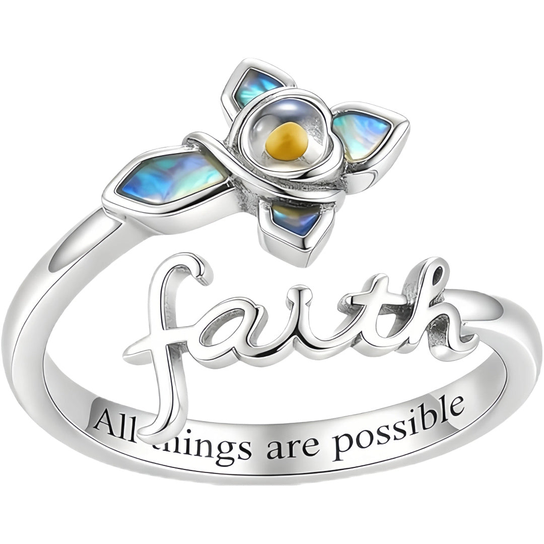 Wholesale 925 Sterling Silver Faith Cross Mustard Seed Abalone Shell Adjustable Ring