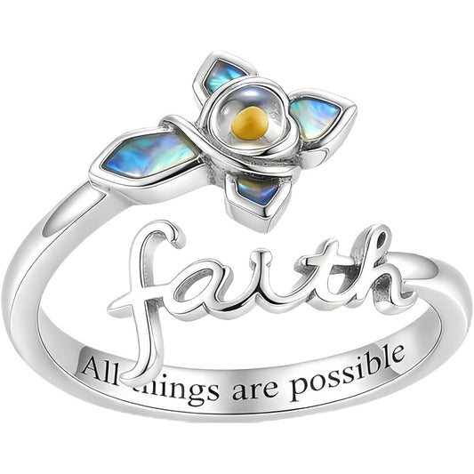 Wholesale 925 Sterling Silver Faith Cross Mustard Seed Abalone Shell Adjustable Ring