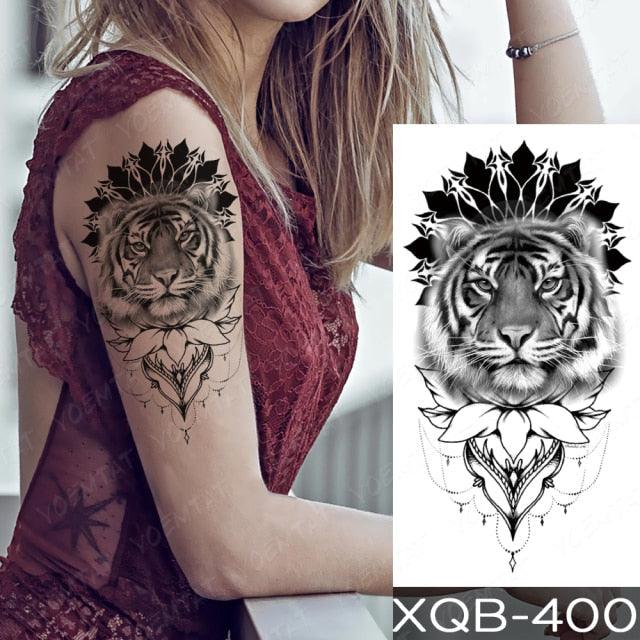 Elegant Black Waterproof Temporary Tattoo Sticker Lion Tiger Bear Flash Tattoos Leopard Wolf Colorful Big Tattoo Stickers For Mens Womens
