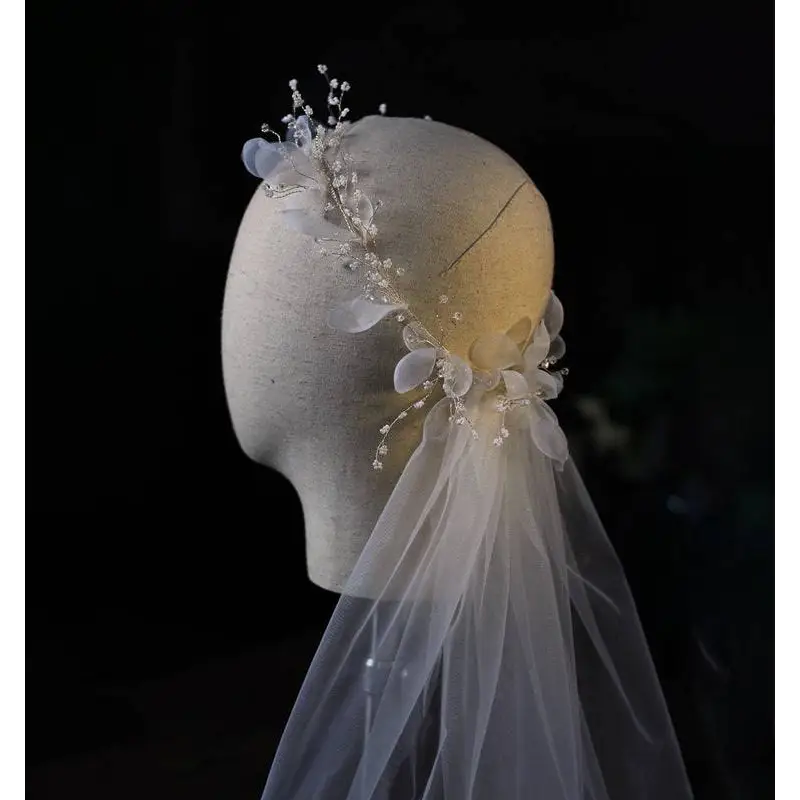 Elegant Floral Bridal Wreath Veil with Lace and Beads