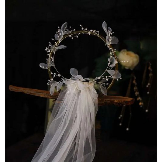 Elegant Floral Bridal Wreath Veil with Lace and Beads