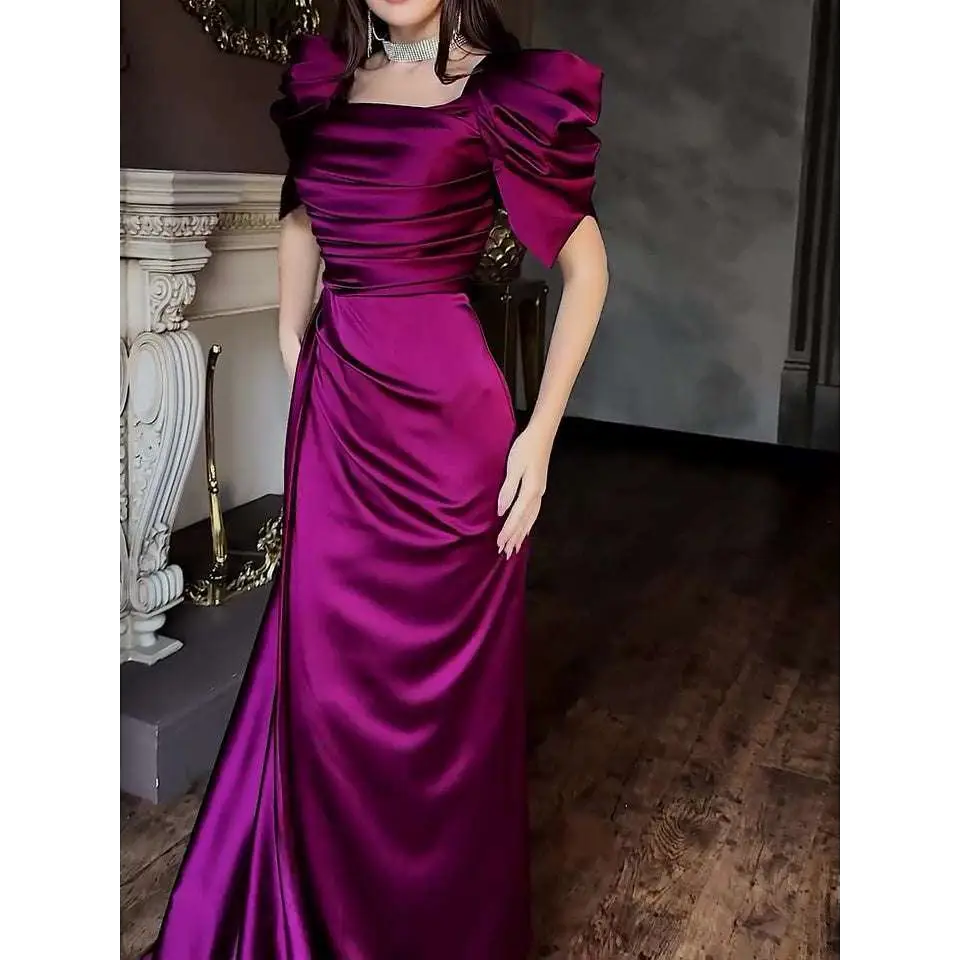 Elegant Puff Sleeve Pleated Slit Magenta Maxi Dress