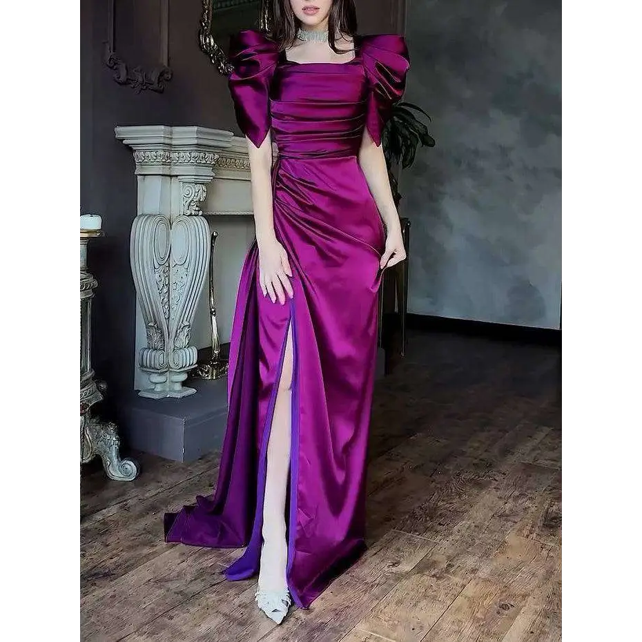 Elegant Puff Sleeve Pleated Slit Magenta Maxi Dress