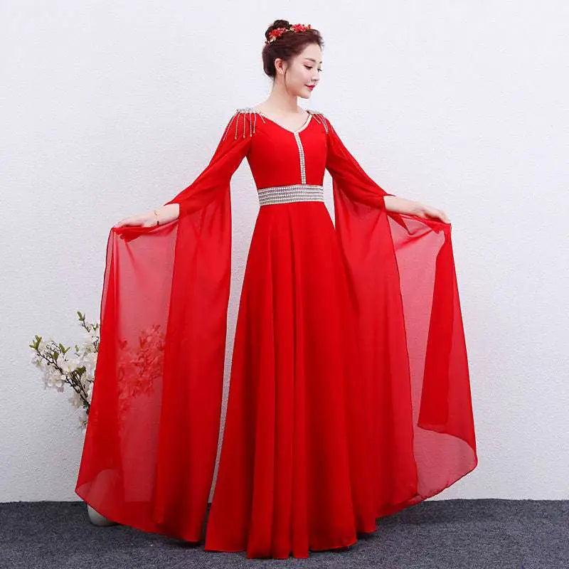 Elegant Red Long Guzheng Performance Dress
