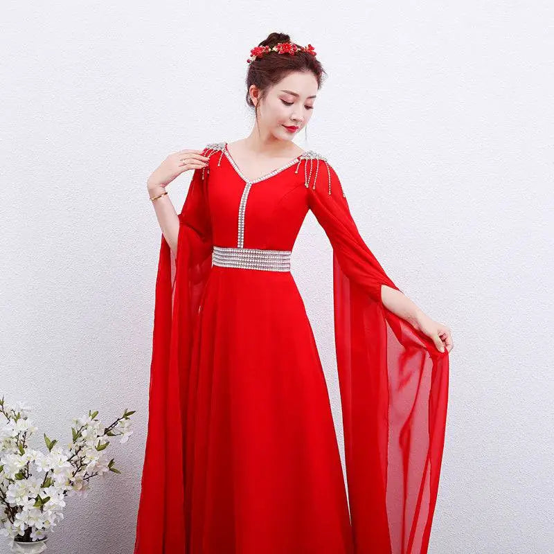 Elegant Red Long Guzheng Performance Dress
