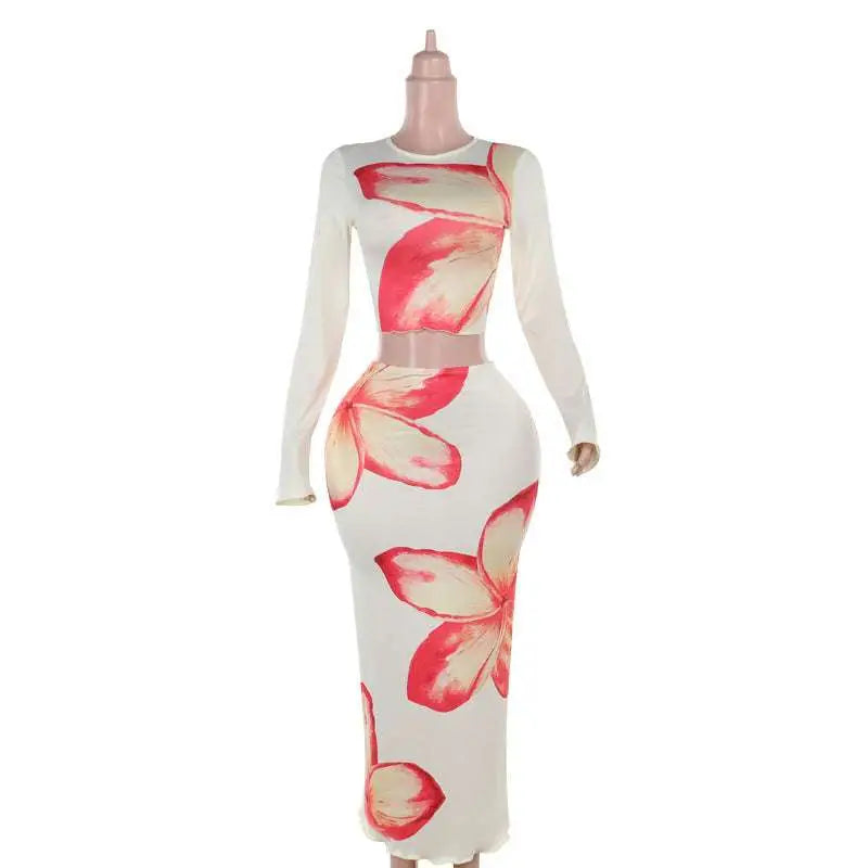 Elegant Slim Print Floral Top and Skirt Set
