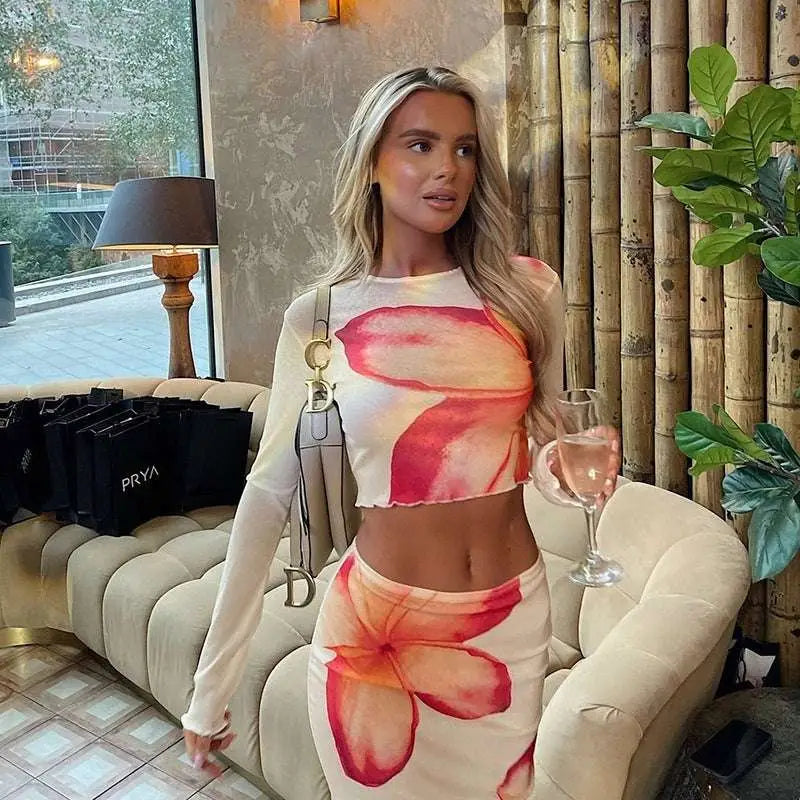 Elegant Slim Print Floral Top and Skirt Set
