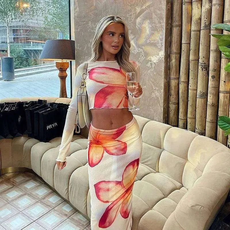 Elegant Slim Print Floral Top and Skirt Set