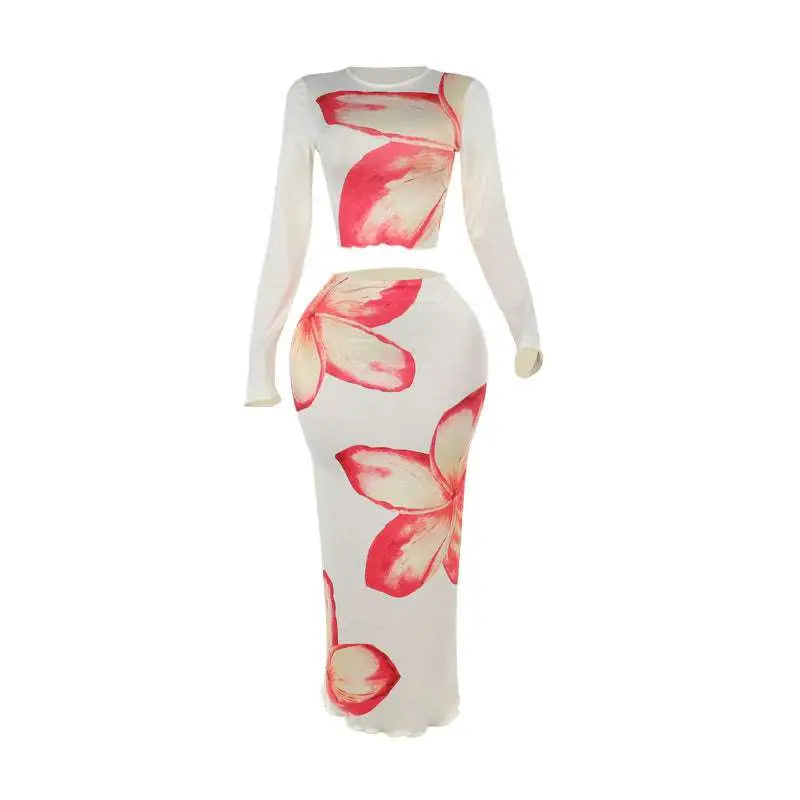 Elegant Slim Print Floral Top and Skirt Set