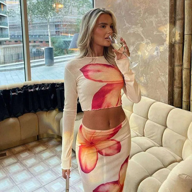 Elegant Slim Print Floral Top and Skirt Set