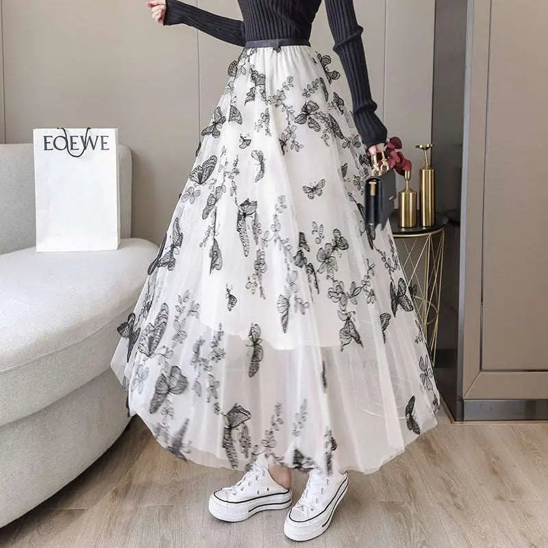 Embroidered Bow Lace Mesh Skirt Mid-length
