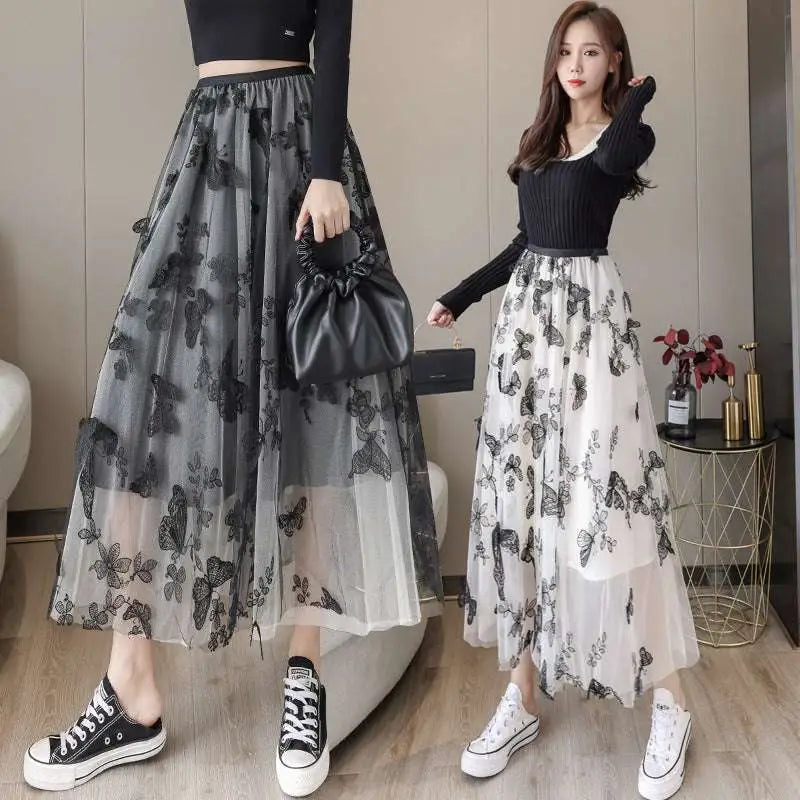 Embroidered Bow Lace Mesh Skirt Mid-length
