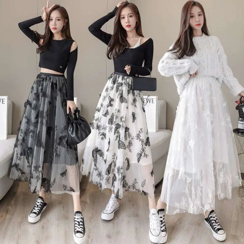 Embroidered Bow Lace Mesh Skirt Mid-length