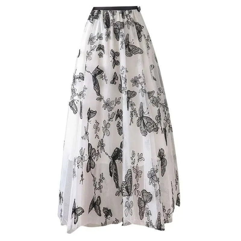 Embroidered Bow Lace Mesh Skirt Mid-length