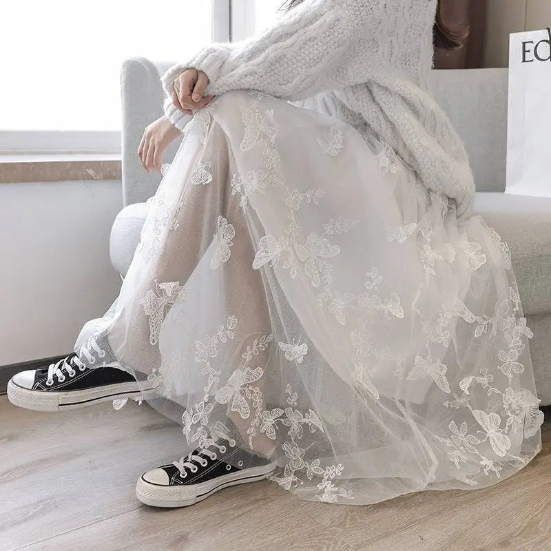 Embroidered Bow Lace Mesh Skirt Mid-length