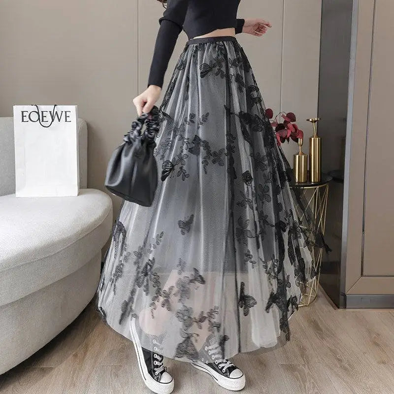 Embroidered Bow Lace Mesh Skirt Mid-length
