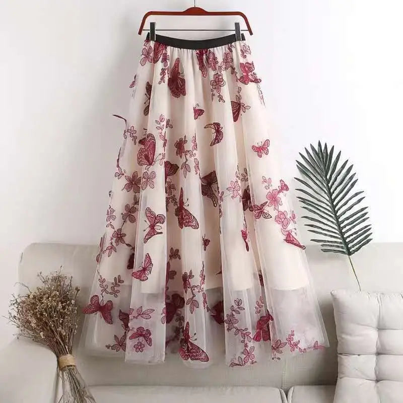 Embroidered Bow Lace Mesh Skirt Mid-length