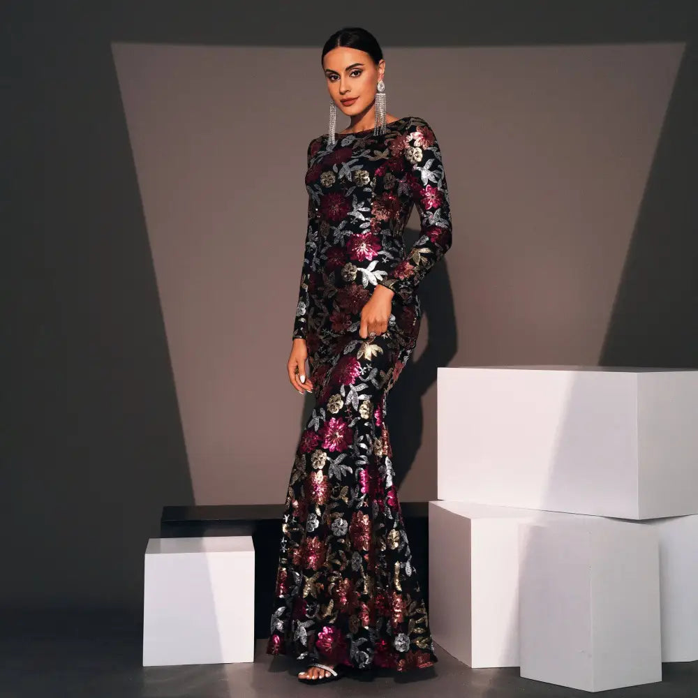 Embroidered Floral Long Sleeve Evening Gown