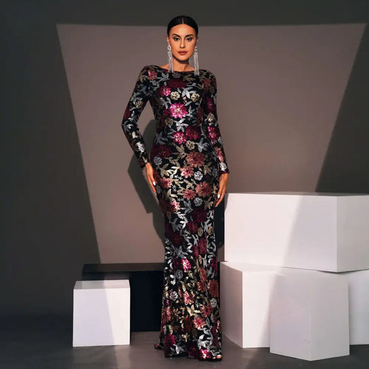 Embroidered Floral Long Sleeve Evening Gown