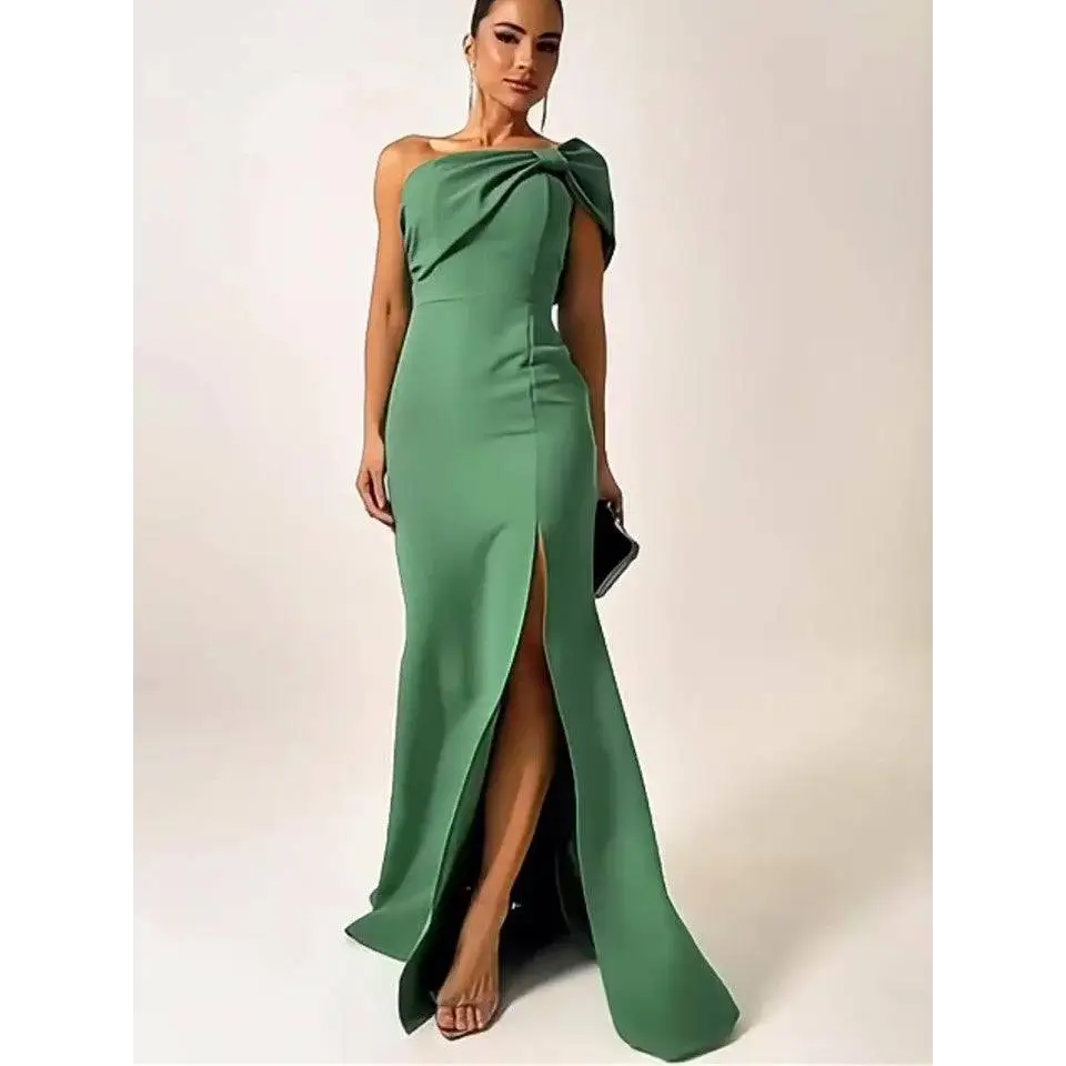 Emerald Green Bow Tube One Shoulder Evening Gown