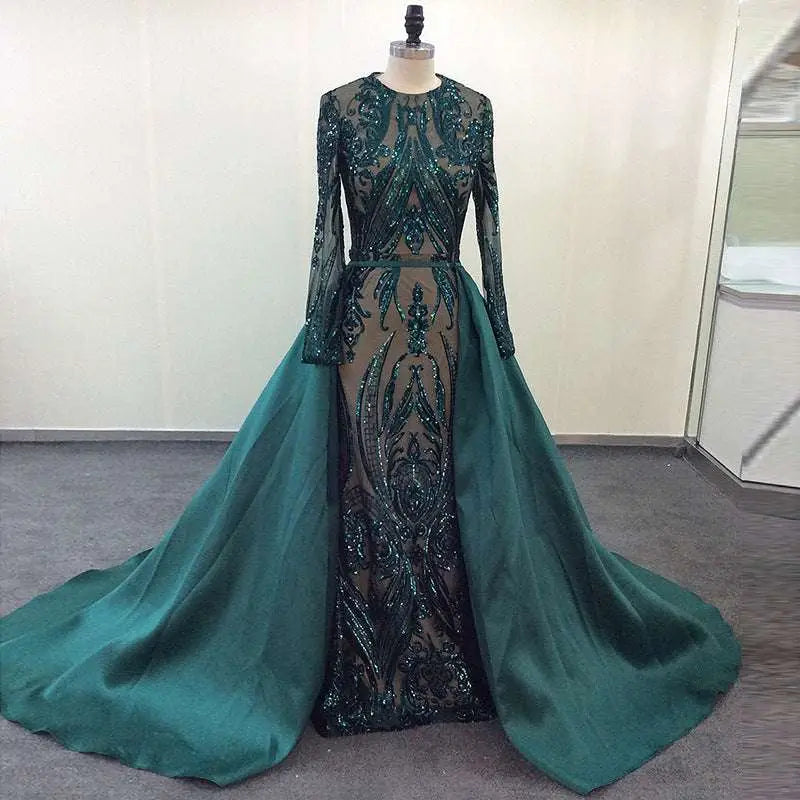 Emerald Green Satin Lace Evening Dress