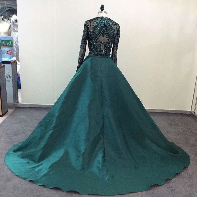Emerald Green Satin Lace Evening Dress