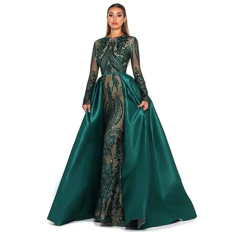 Emerald Green Satin Lace Evening Dress