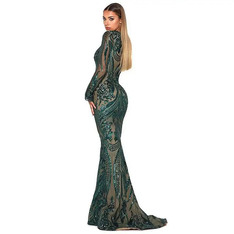 Emerald Green Satin Lace Evening Dress