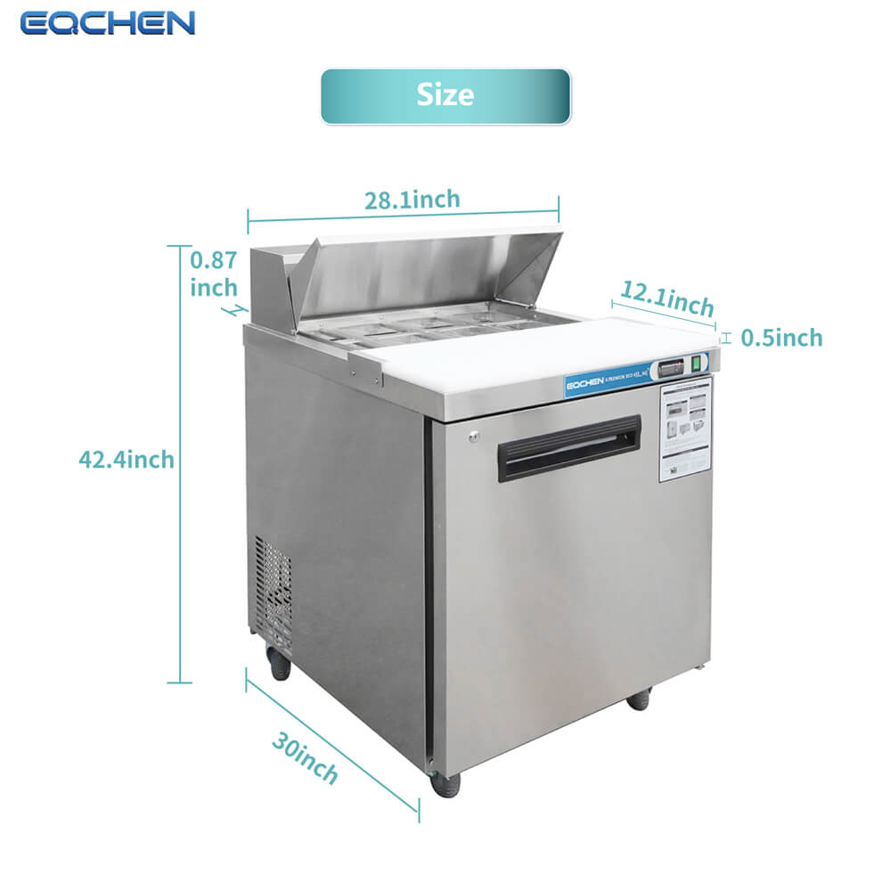 Stainless steel refrigerator with dimensions labeled on a white background