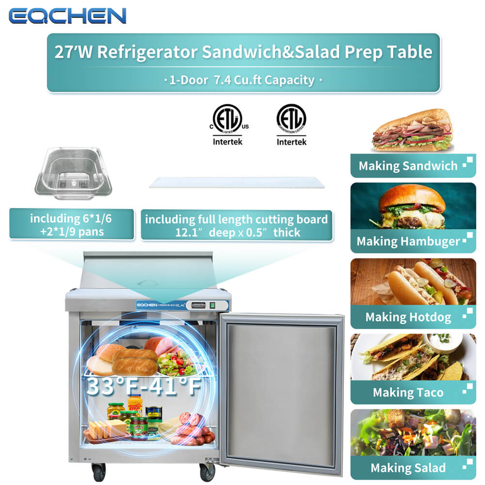 Eqchen 27W Refrigerator Sandwich & Salad Prep Table with features and uses displayed.
