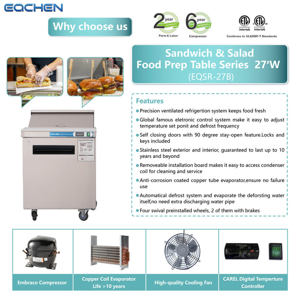 Eochaen sandwich and salad food prep table series 27W with features and specifications.