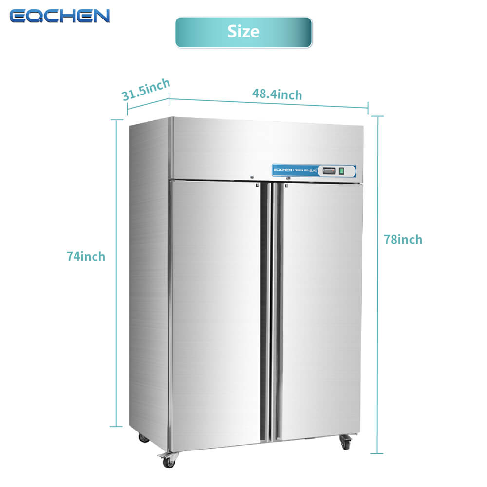 Stainless steel refrigerator with dimensions labeled on a white background