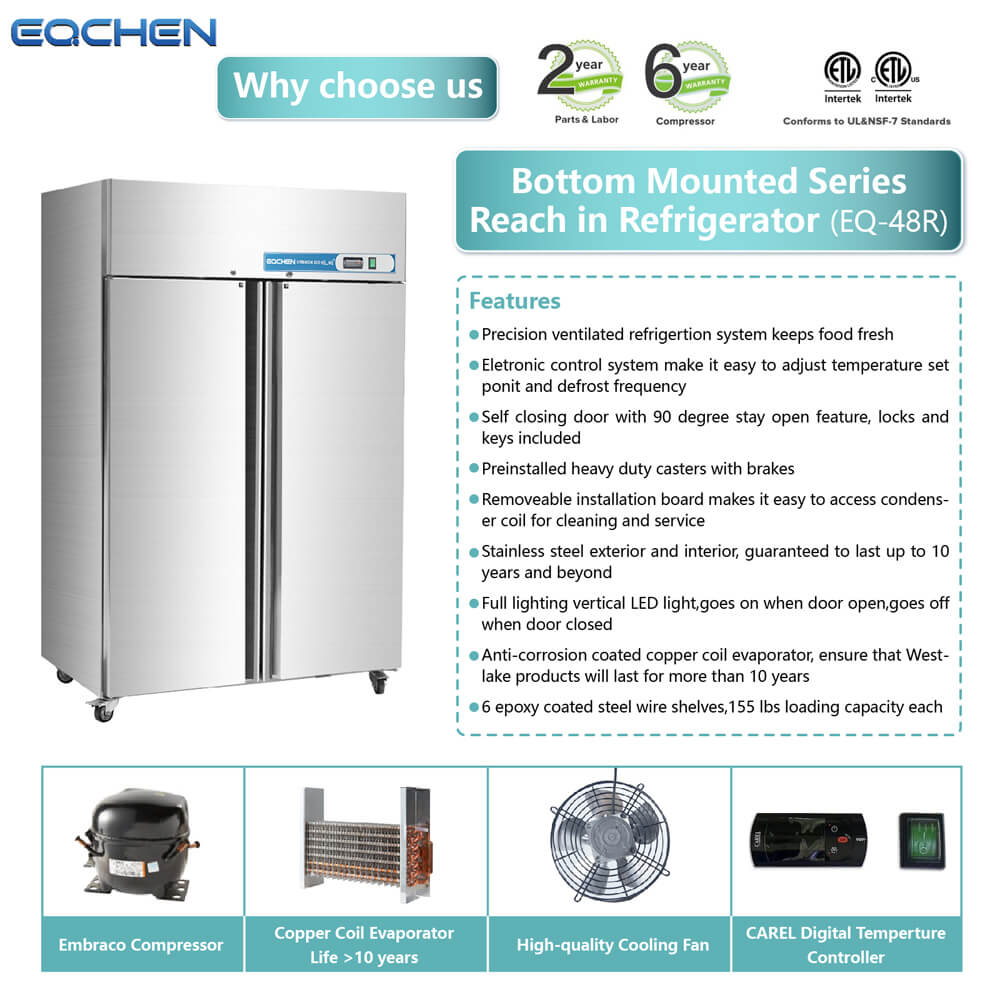 EaChen bottom-mounted series reach refrigerator with features listed on a white background