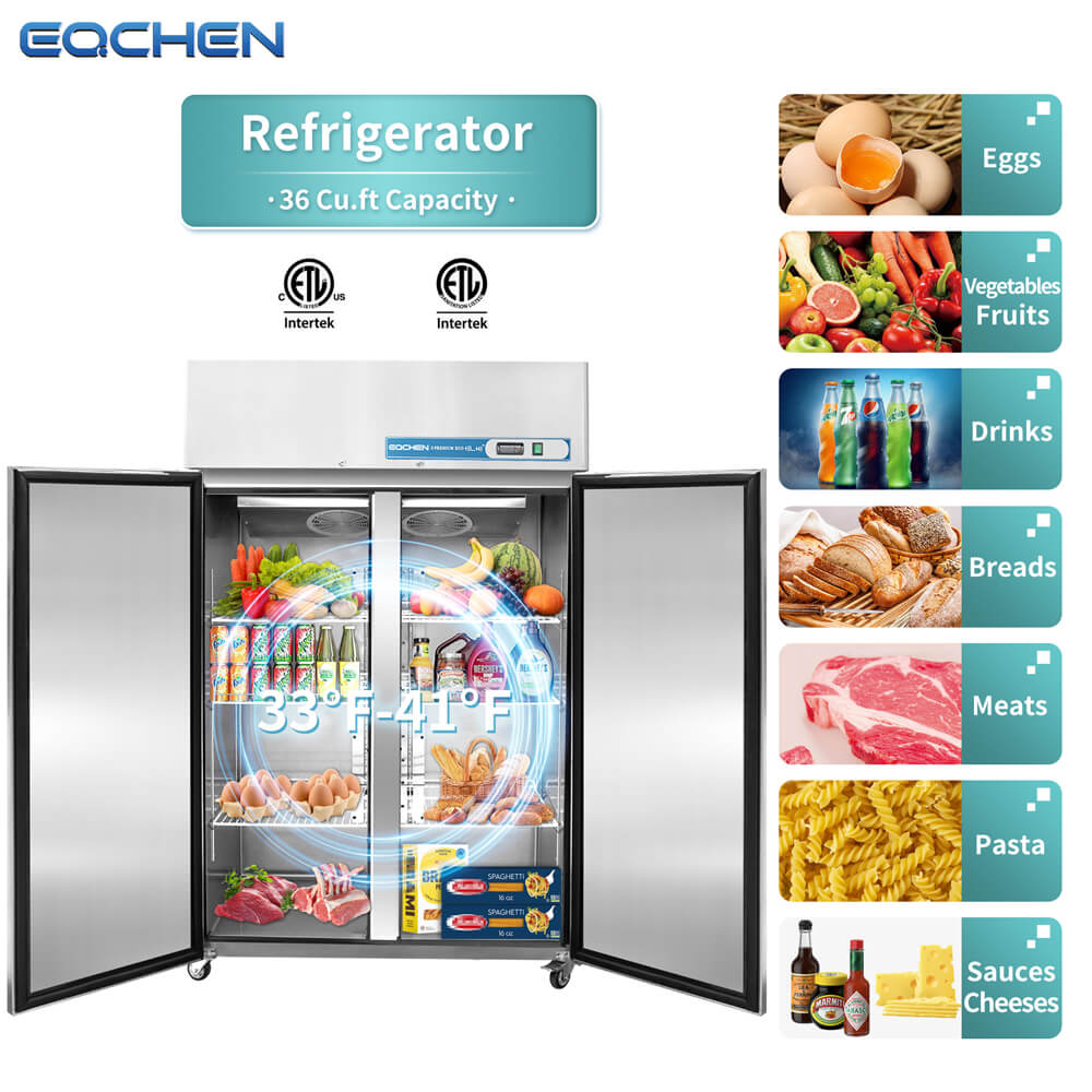 Refrigerator with open doors displaying various food categories on a white background.
