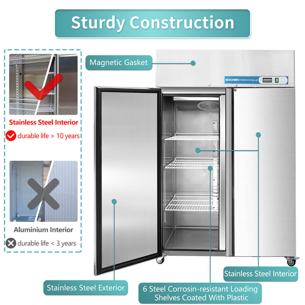 Commercial refrigerator with labeled features on a white background