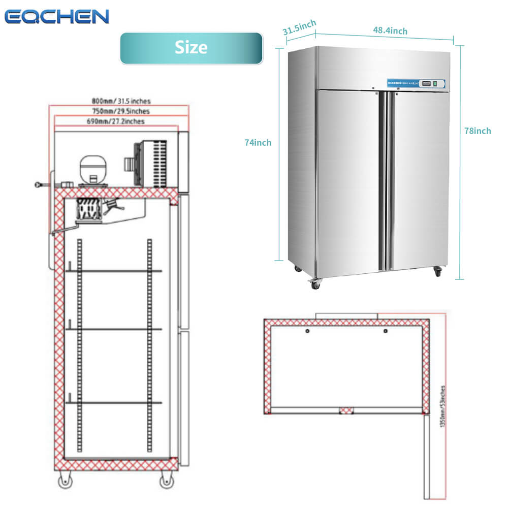 Stainless steel refrigerator with dimensions labeled, featuring the brand 'EaChen'.