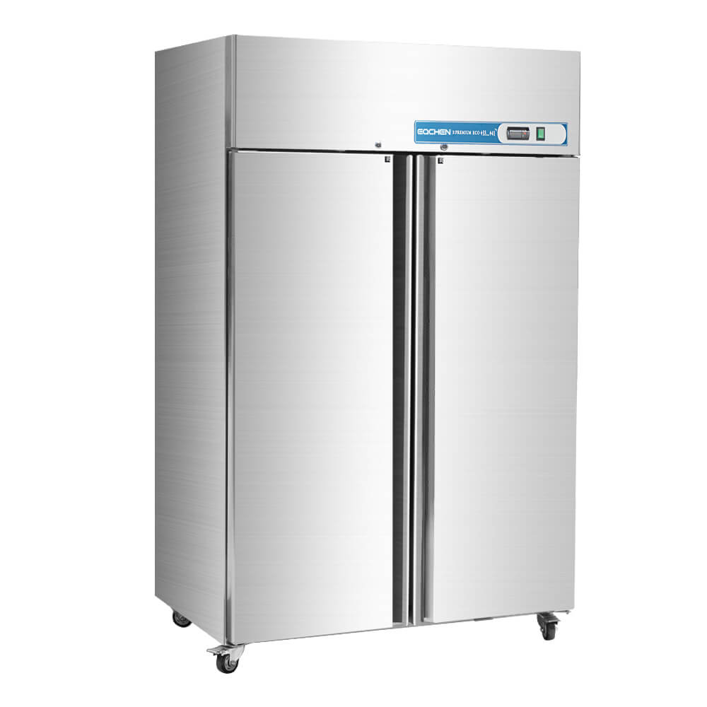 Stainless steel commercial refrigerator with digital display on a white background