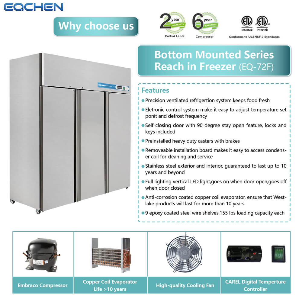 Commercial Reach in Freezer, 3 Door 54 Cu.ft Stainless Steel Commercial Reach in Solid Door Upright Fan Cooling Freezer
