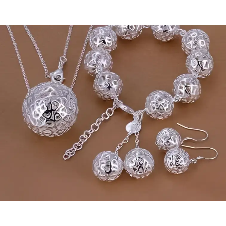 Exquisite Jewelry Silver Filigree Ball Pendant Set