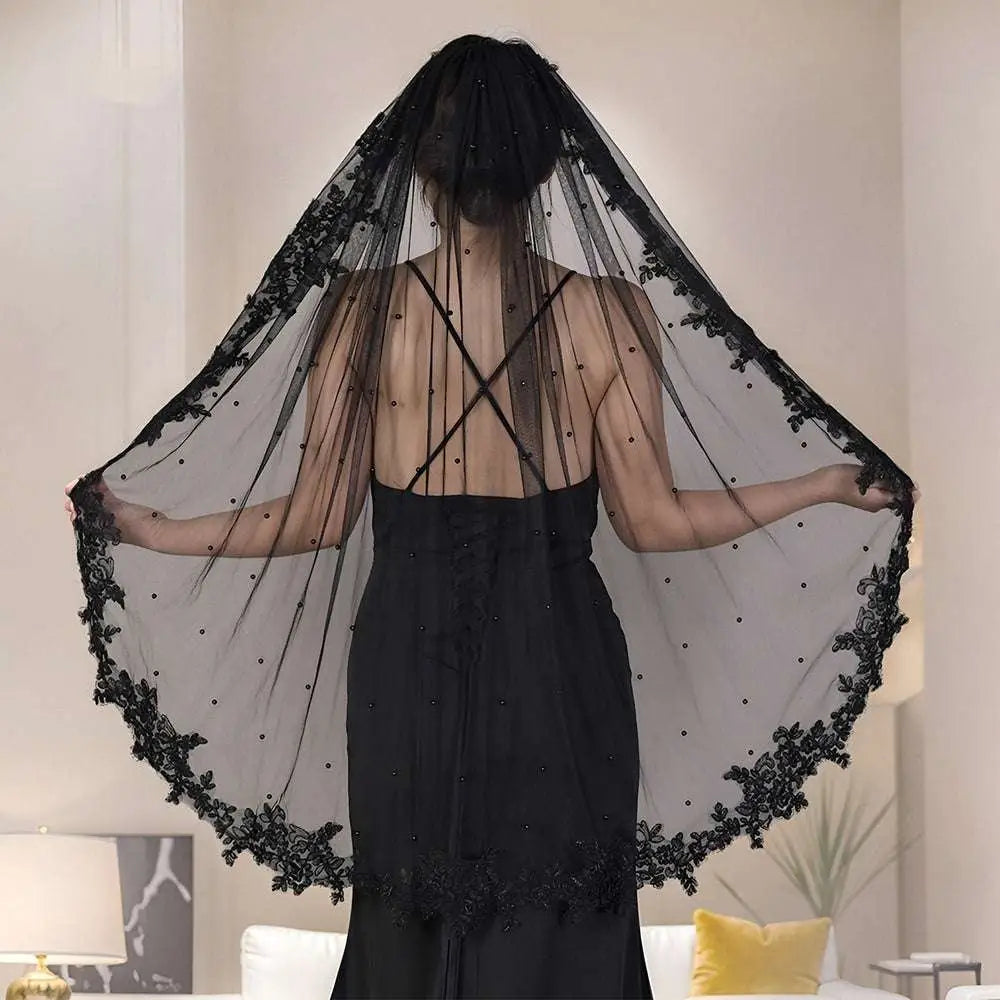 Exquisite Lace Black Veil with Pearls