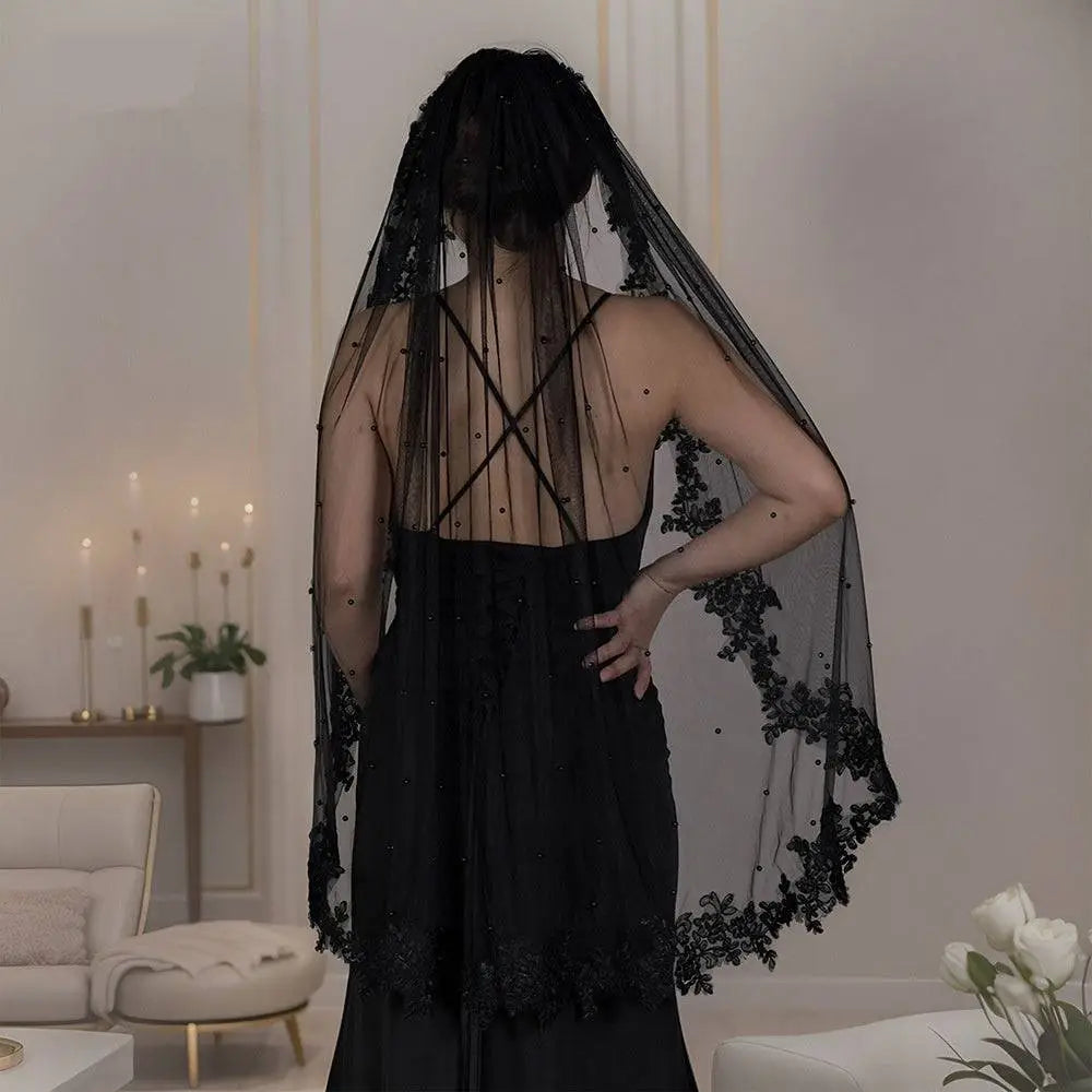 Exquisite Lace Black Veil with Pearls