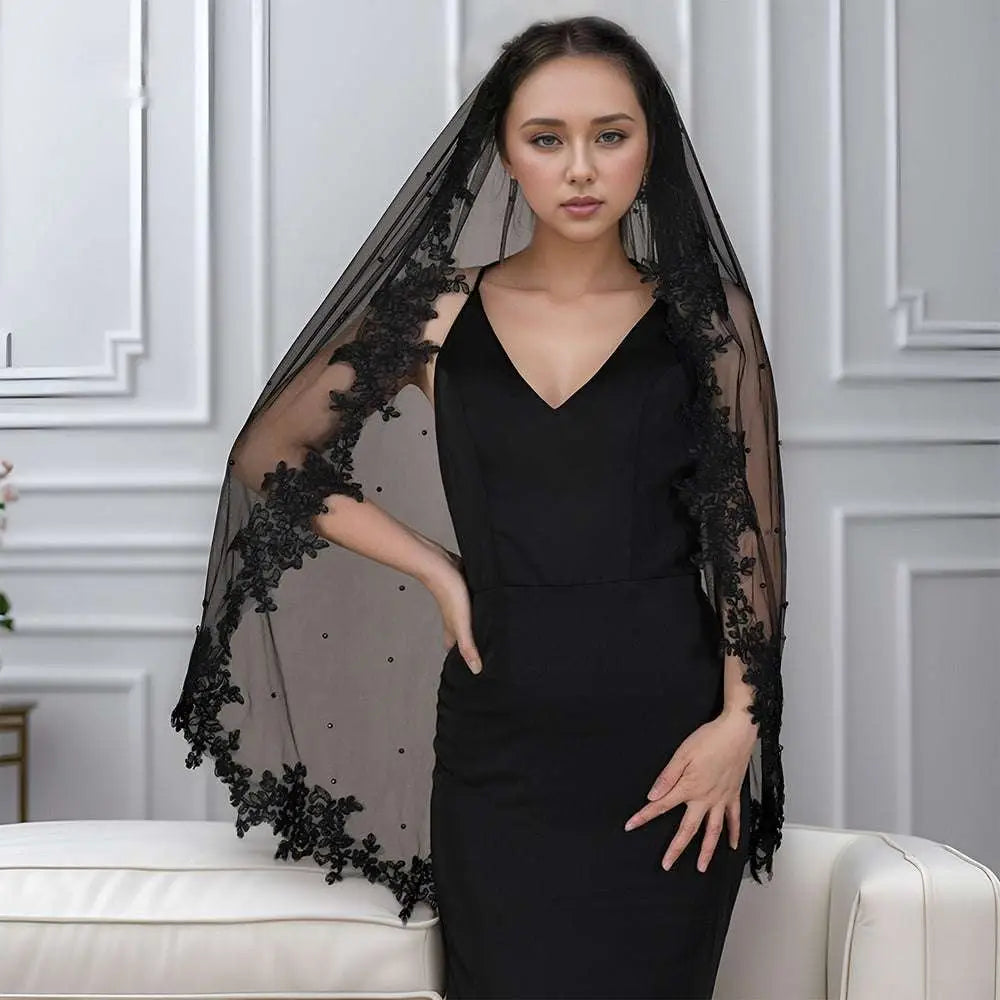Exquisite Lace Black Veil with Pearls