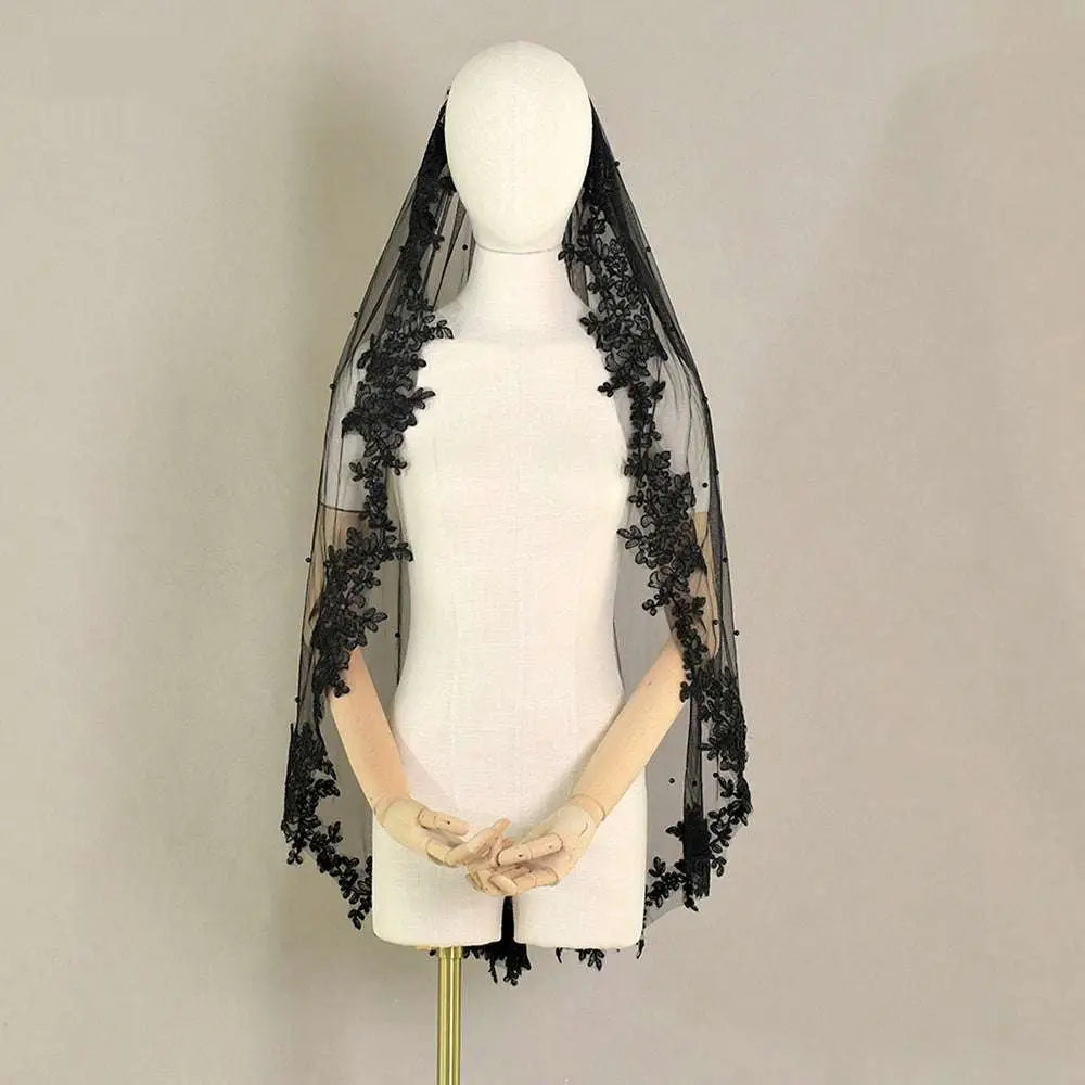 Exquisite Lace Black Veil with Pearls